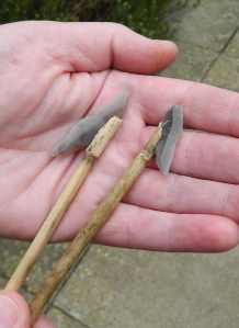 Suggested hafting positions of Cheddar points on wooden spears – the arrangement provides both tip and barb.